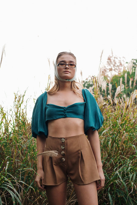 High-Waist Button Shorts Brown