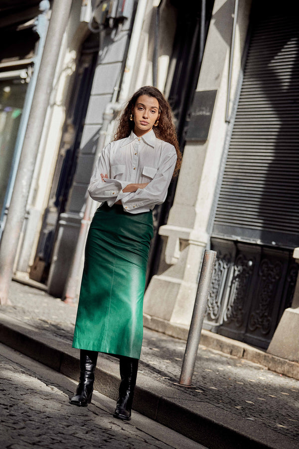 Green leather skirt midi outlet
